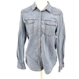 MNG Western-Style Casual Light Wash Denim Shirt w/ Pearl Snaps Sz S EUC boho